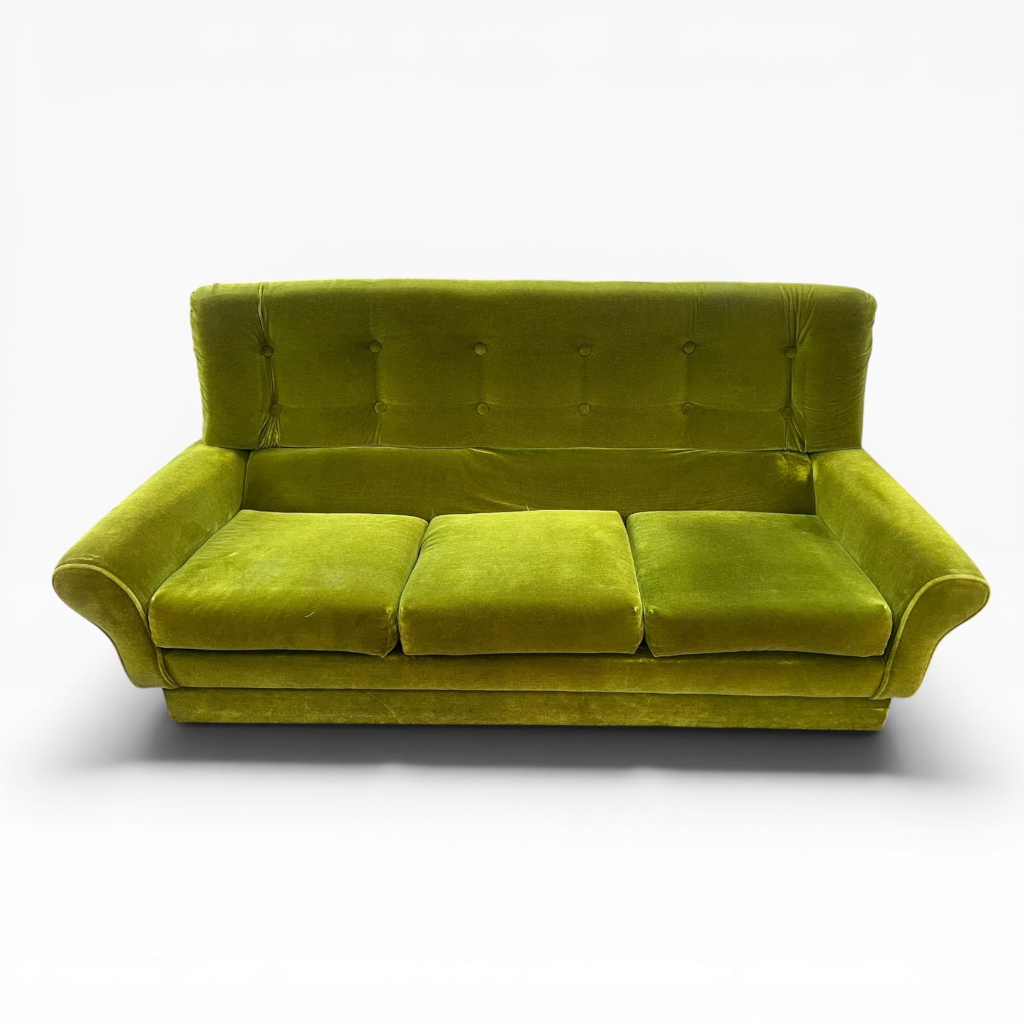 1970s Avocado Green Velvet Three Seater Lounge Sofa