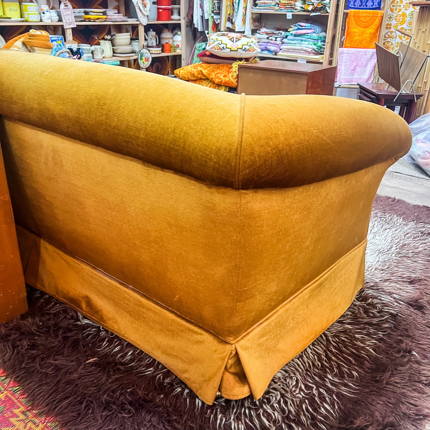 Brown-Gold Velvet Sofa with Rolled Arms