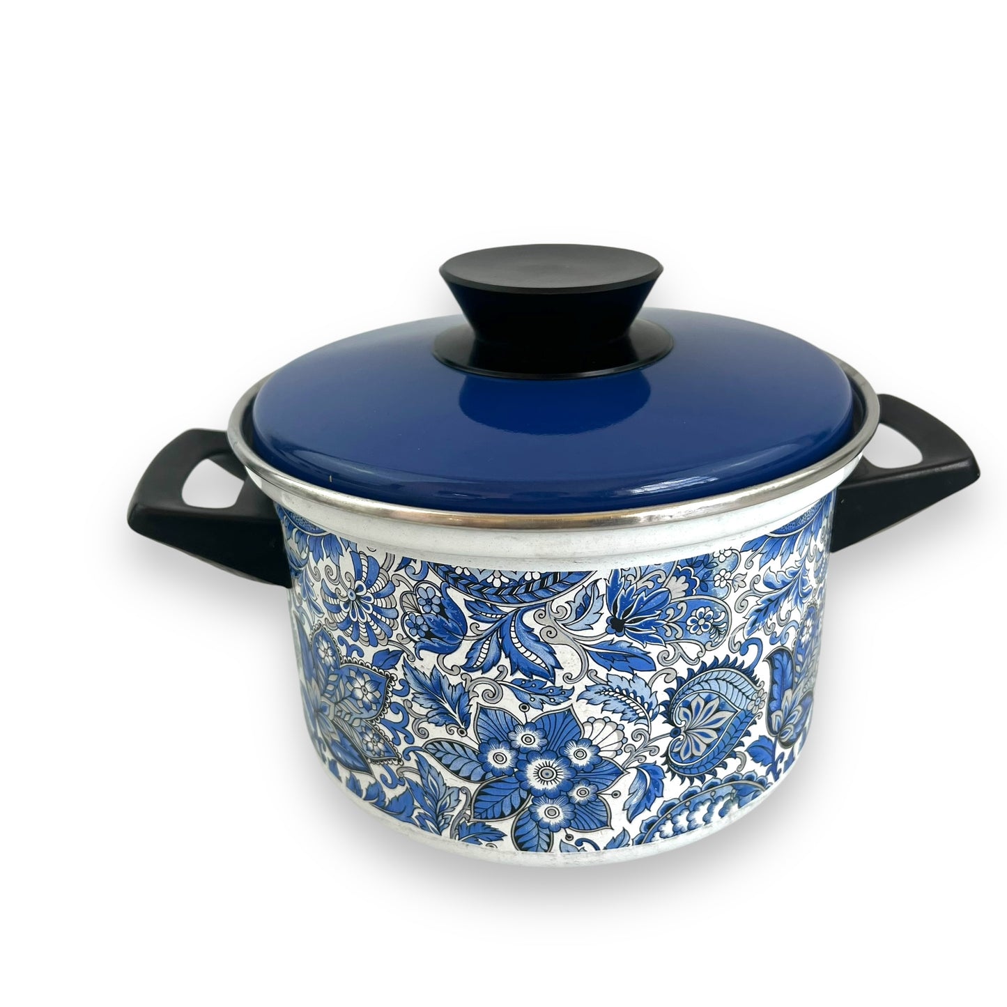 Blue Enamel Pot with Lid, 1970s Fancipan Enamelware, Royal Blue Paisley Pattern, Made in France