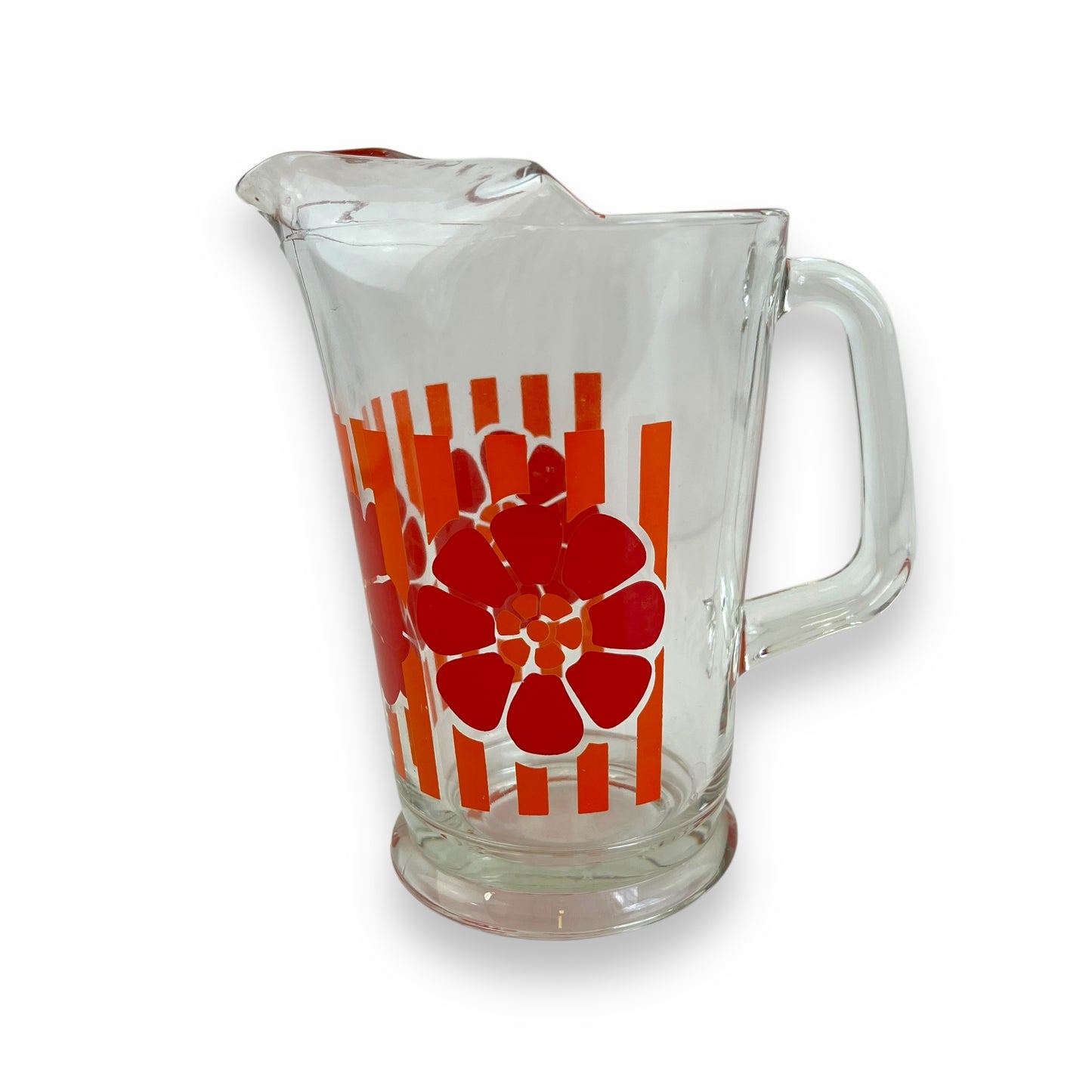 Glass Jug with Orange Stripes & Red Flower Decal – Retro 1970s Pitcher