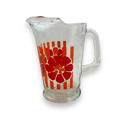 Glass Jug with Orange Stripes & Red Flower Decal – Retro 1970s Pitcher