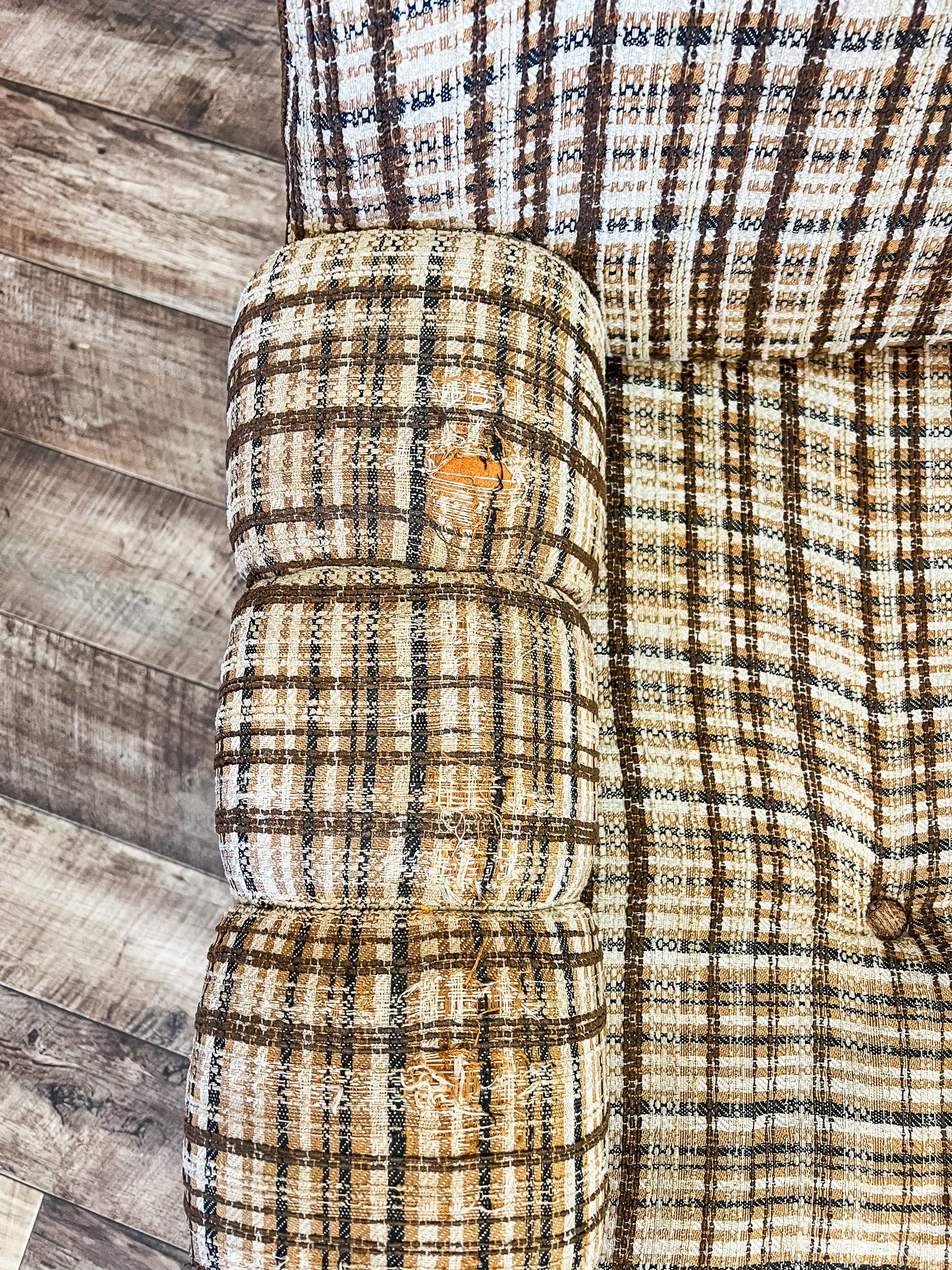 Plaid Lounge Chair with Wooden Armrests