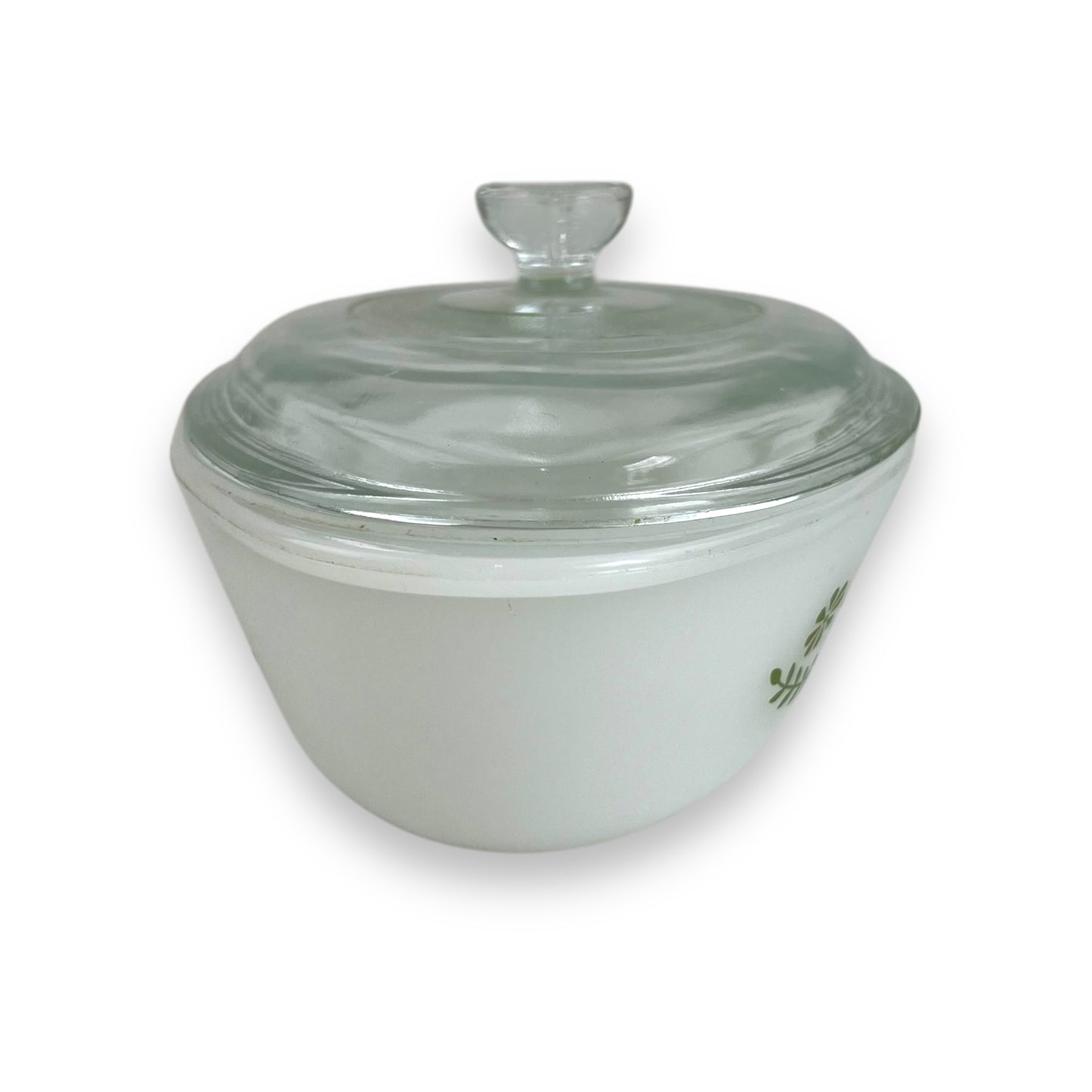 Glasbake oval white glass dish with clear lid and geeen decal