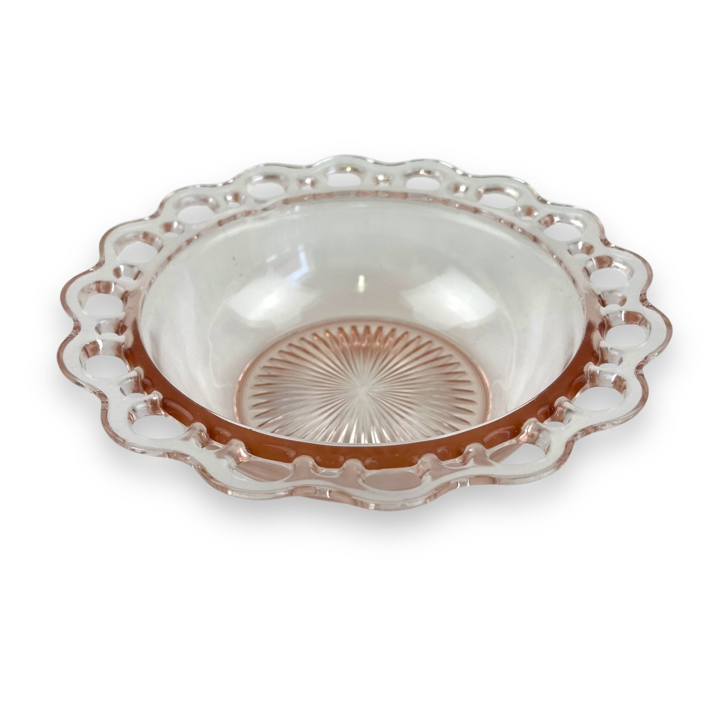 Pink Glass Bowl Lace Cutout Edge