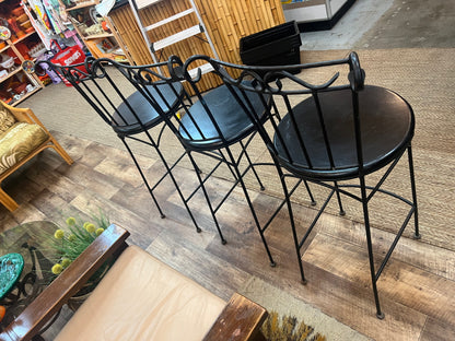 Set of 3 Black Vintage Wrought Iron Bar Stools