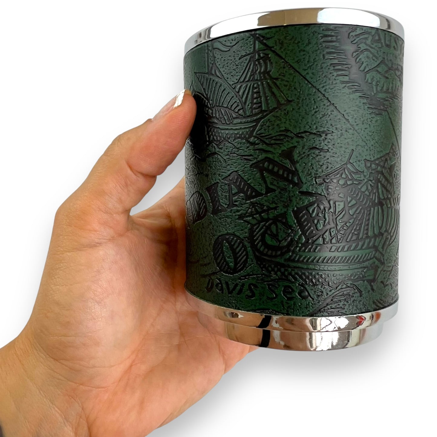 Pen Holder with Embossed Map and Chrome Accents