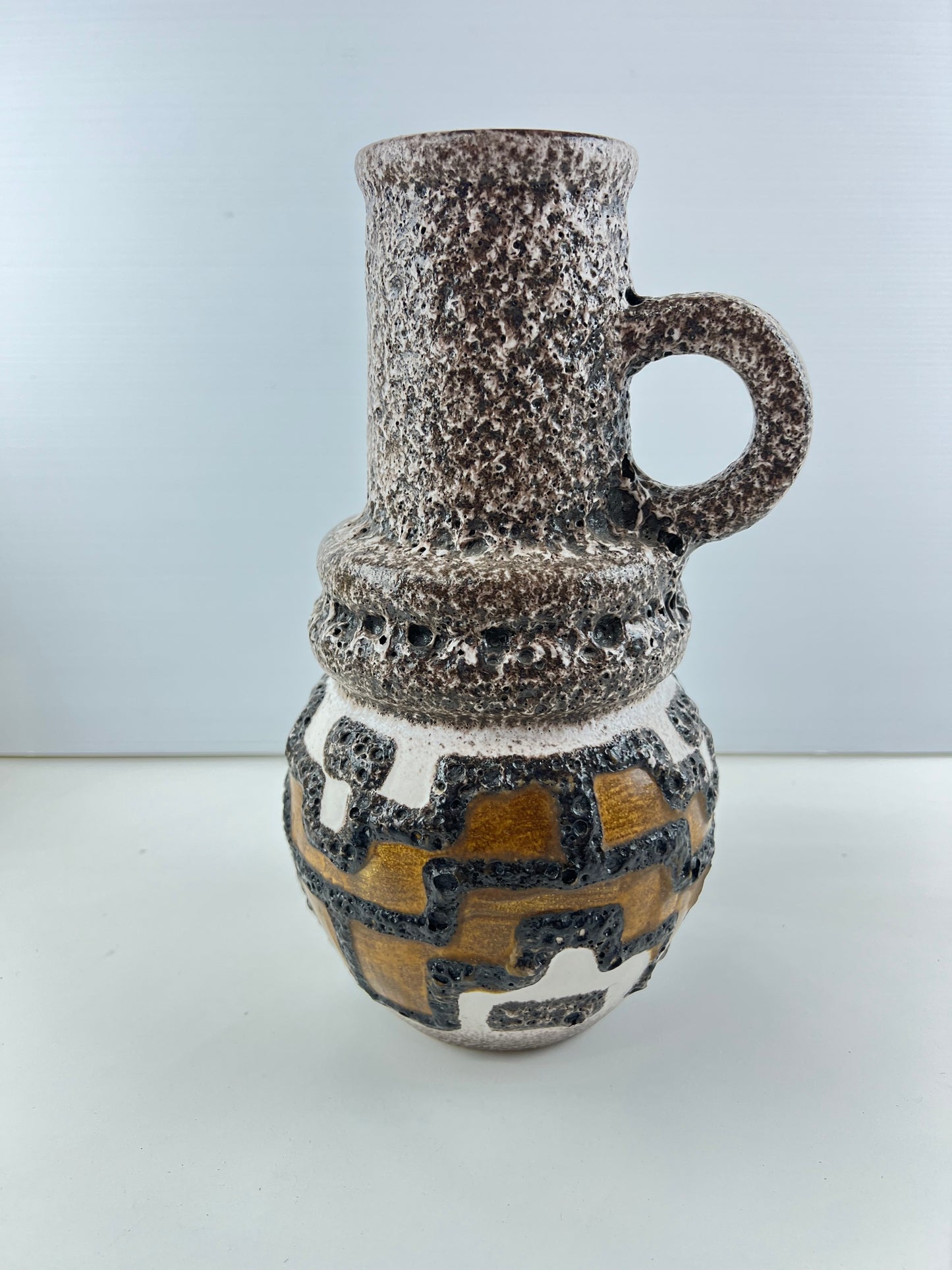 West German Pottery Lava Glaze Handled Vase – Brown, White & Ochre