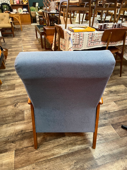 #2 Mid-Century Push-Back Reclining Armchair with Blue Upholstery