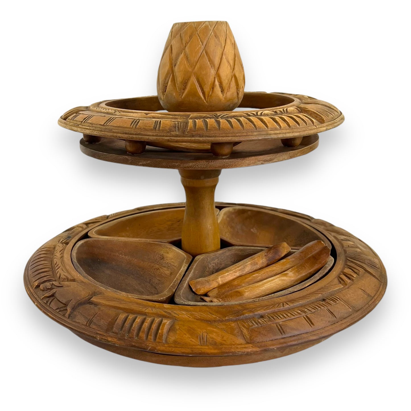 Wooden Tiki Monkey Pod Two Tier Lazy Susan Server