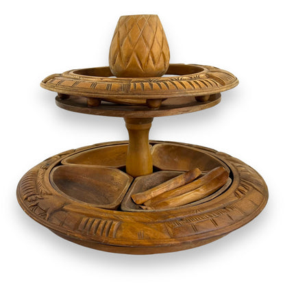 Wooden Tiki Monkey Pod Two Tier Lazy Susan Server