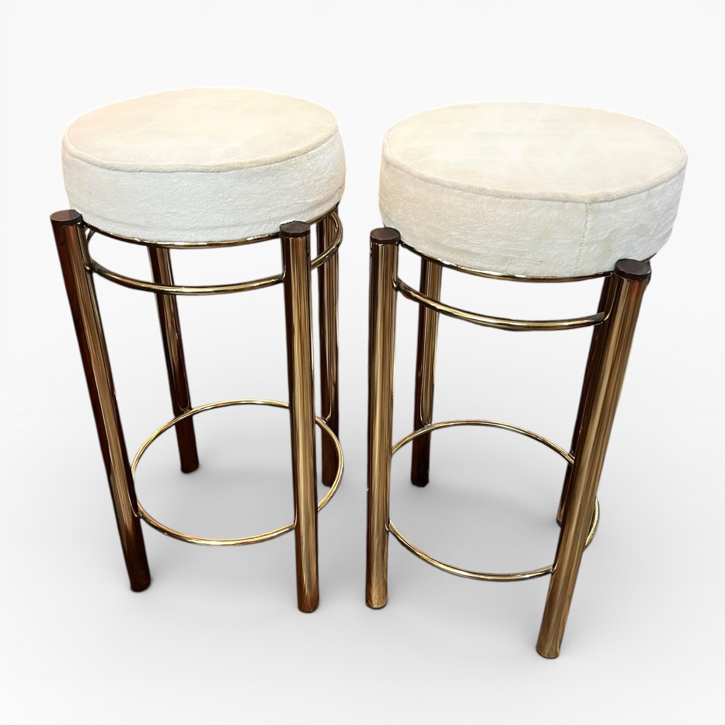 Pair of Vintage Brass Bar Stools with Cream Velvet Seats – Hollywood Regency Style