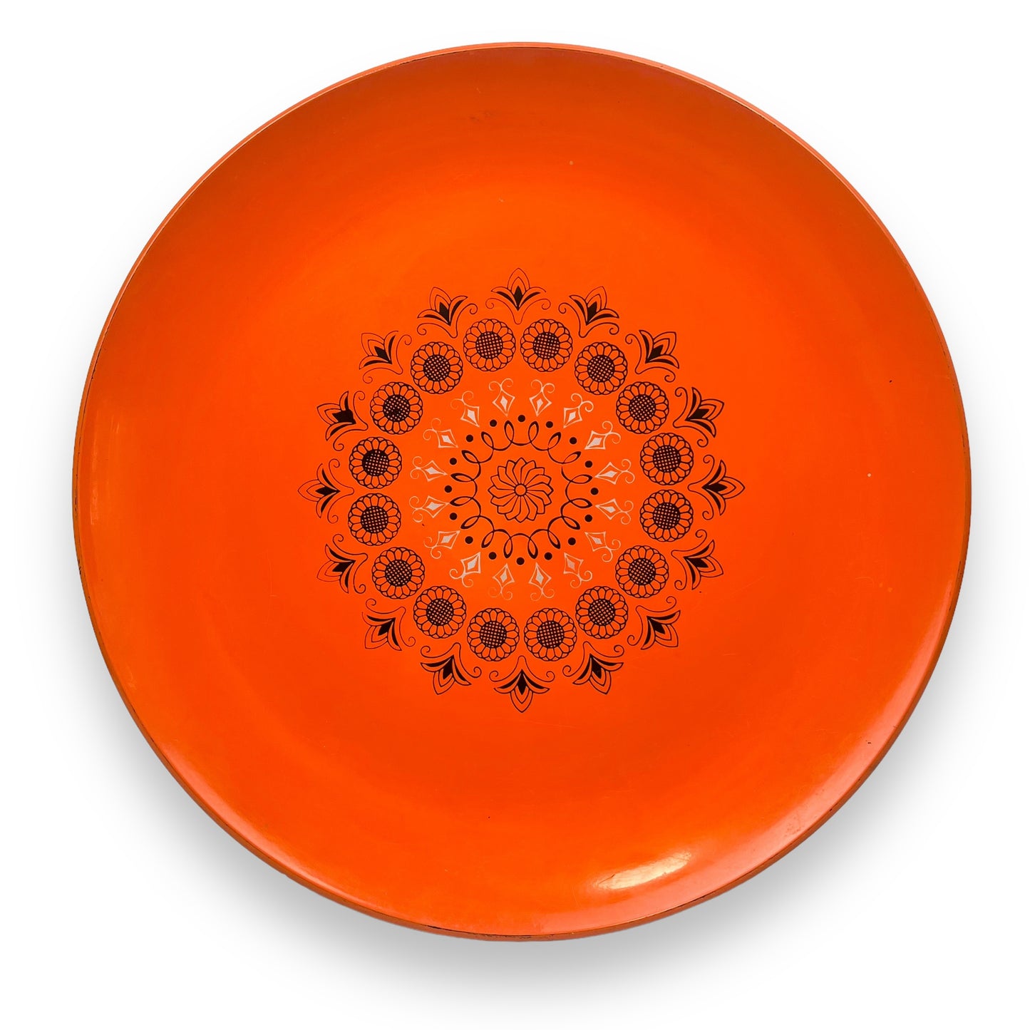 Retro Orange Large Round Plastic Serving Tray with Black Retro Pattern 39.5cm Diameter