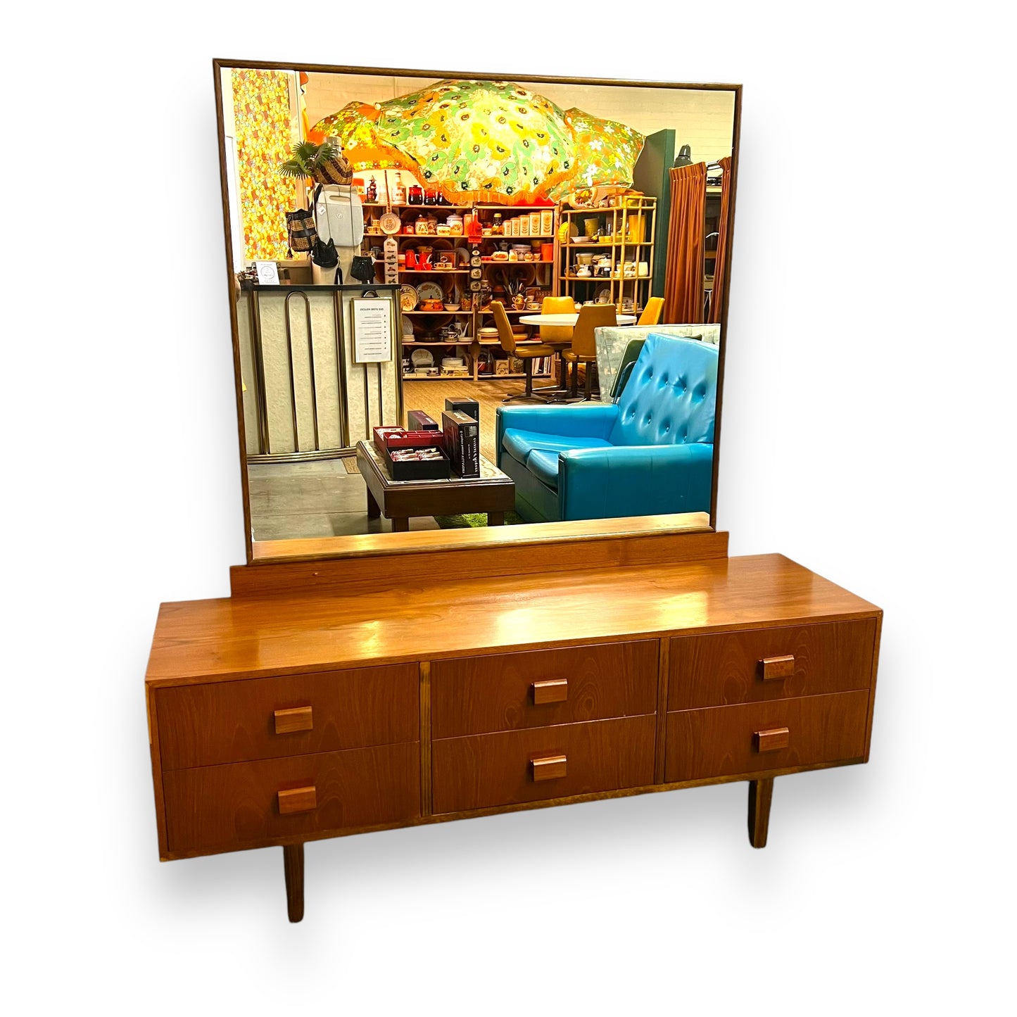 Mid Century Teak Veneer Dressing Table with Large Mirror and 6 Drawers
