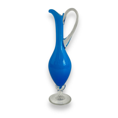 Italian Empoli Blue Cased Glass Pedestal Pitcher with Clear Twisted Handle