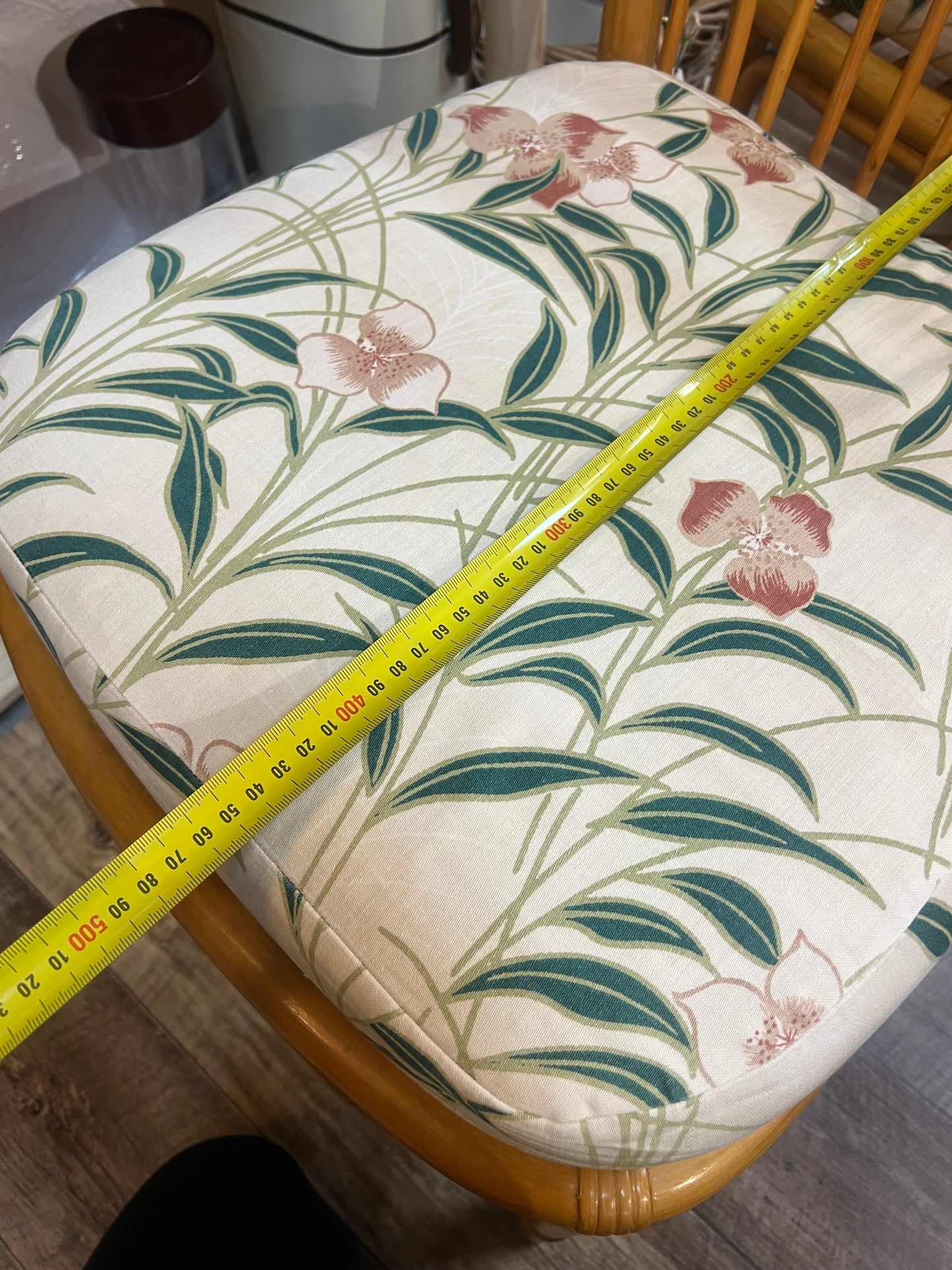 Set of 6 Vintage Bamboo & Rattan Dining Chairs with Floral Cushions