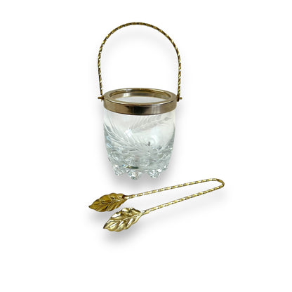 Ice Bucket with Gold Handle & Tongs – Etched Glass Barware