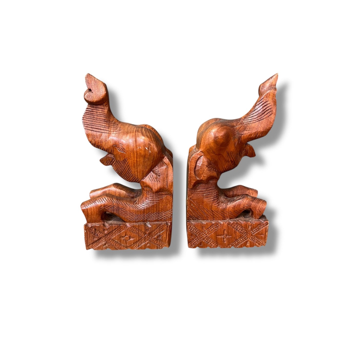 Hand-Carved Wooden Elephant Bookends — Pair