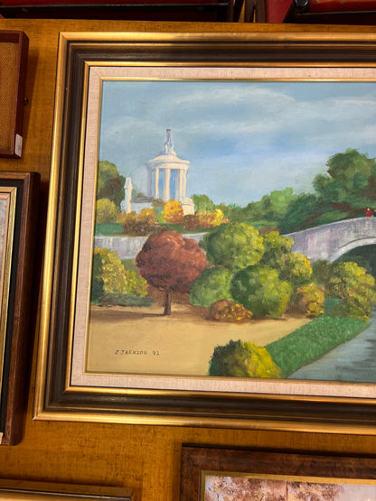 Landscape Oil Painting – J. Jackson 1992, Garden Bridge Scene with Classical Pavilion, Framed Wall Art