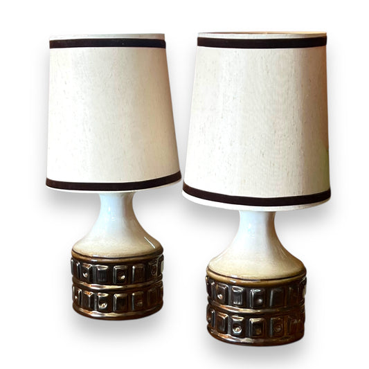 Mid-Century Brown & Cream Bedside Lamp Pair