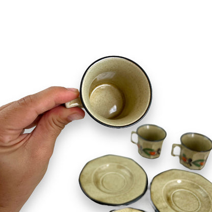 Italian Pottery Tea Set - 7 Cups and Saucers with Hand-Painted Fruit Design