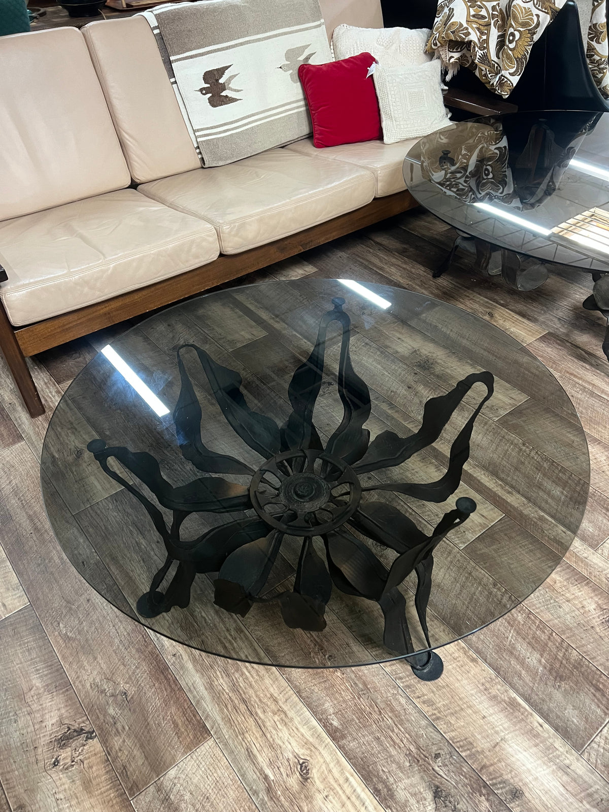 Brutalist Sculptural Metal & Smoked Glass Coffee Table – 91.5cm diameter
