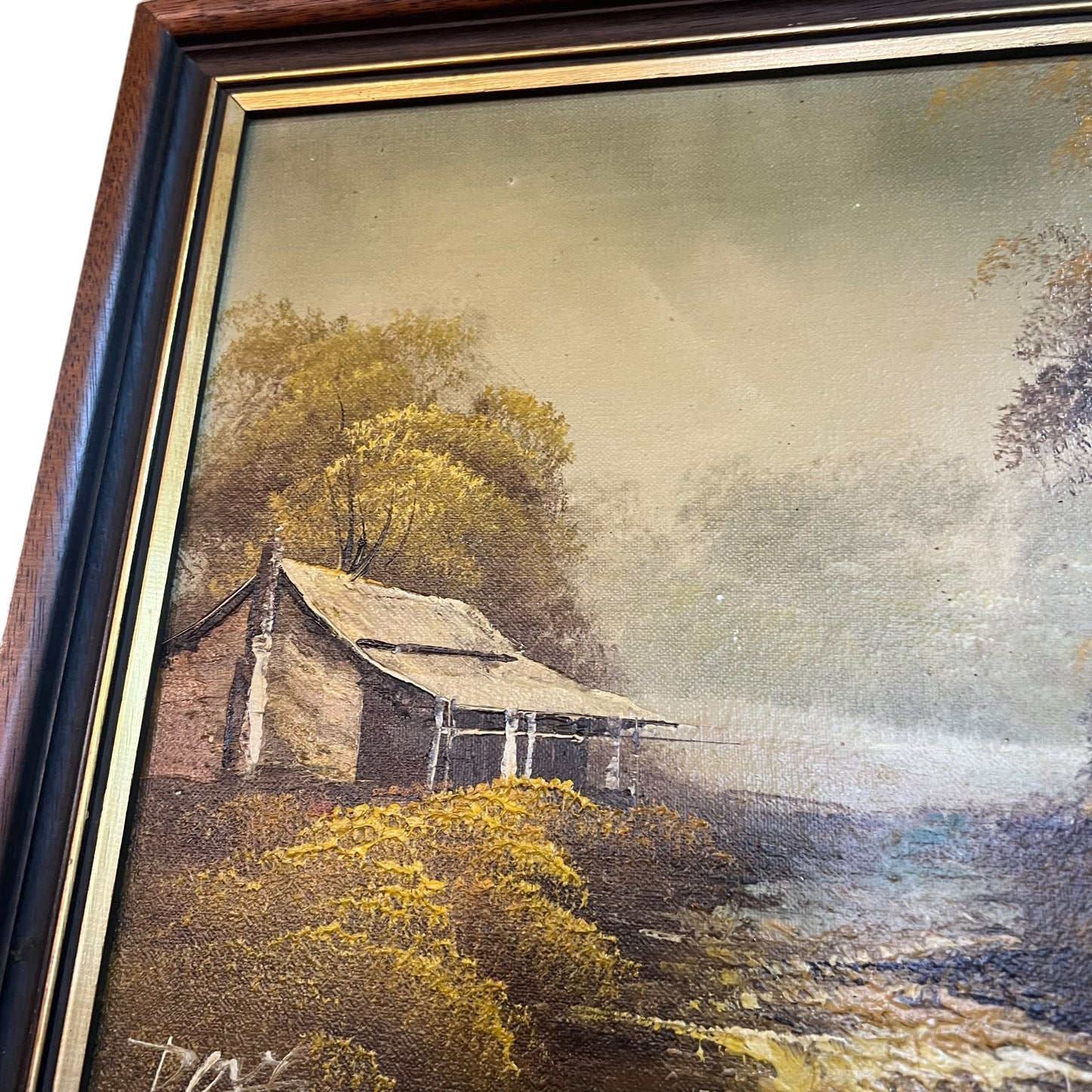 Rustic Cabin in Autumn Landscape – Vintage Framed Oil Painting Reproduction