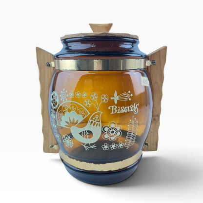 Amber Glass Biscuit Barrel with Timber Handles