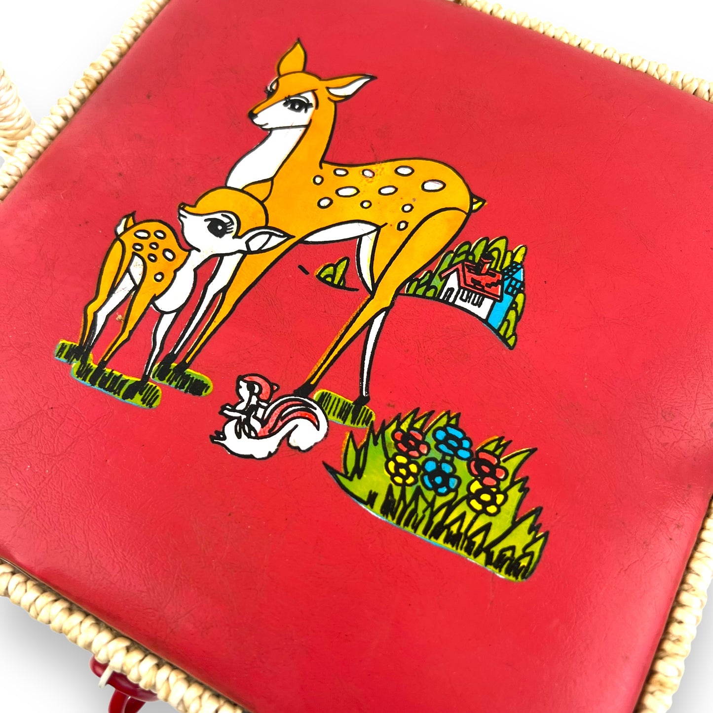 Vintage red and white sewing box with deer artwork