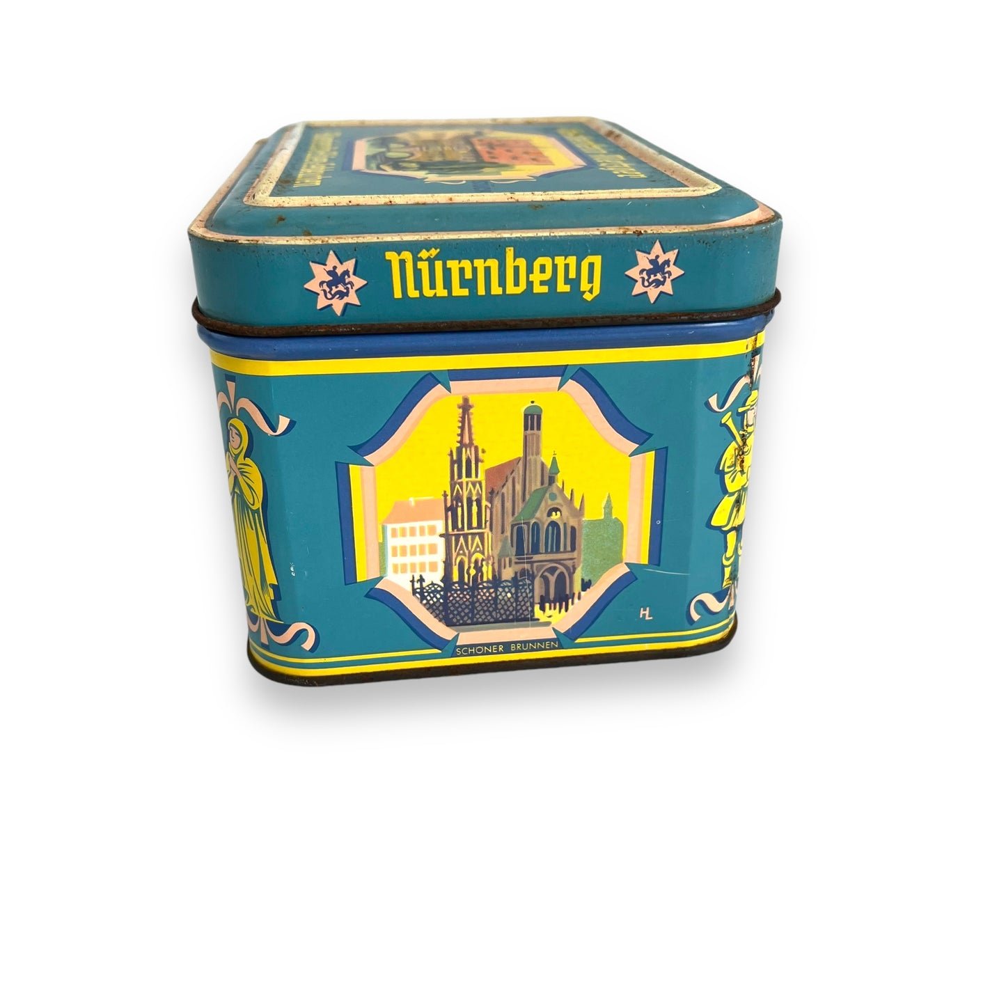 Vintage tin can Haeberlein Butcher Nuremberg gingerbread turquoise