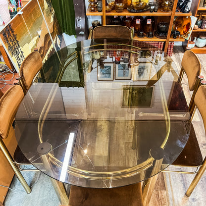 Brass & Smoked Glass Dining Table with 6 Chairs 