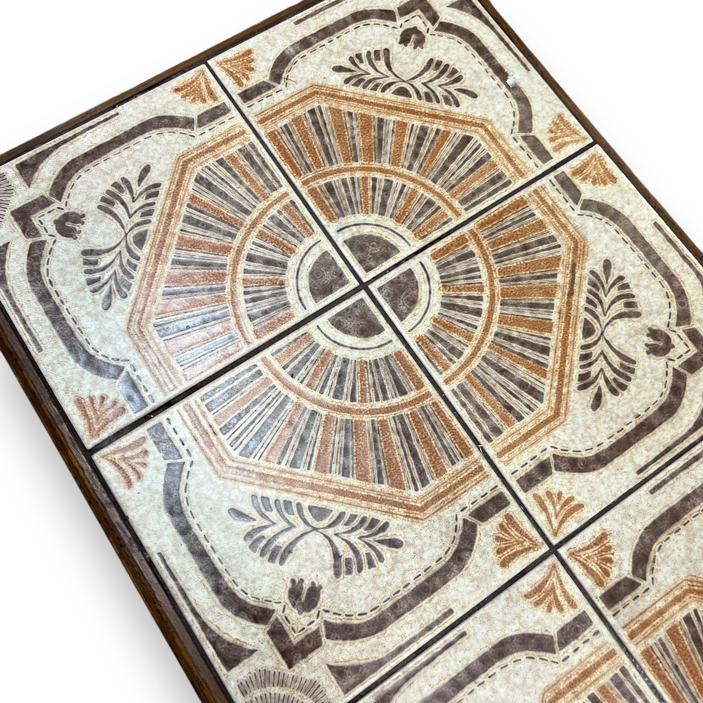 Large tile coffee table orange and brown retro pattern tiles wooden frame