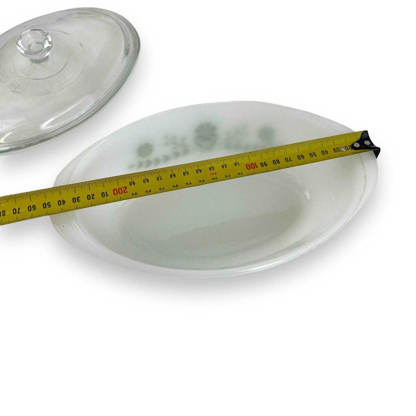 Glasbake oval white glass dish with clear lid and geeen decal