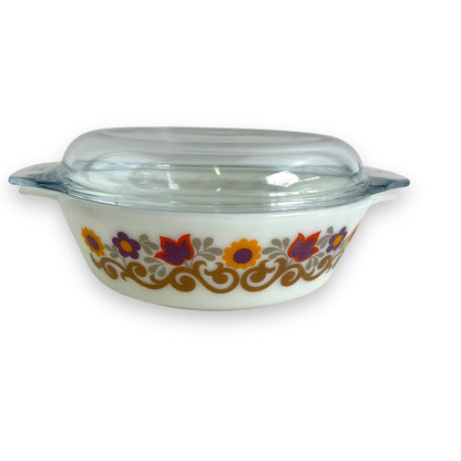 JAJ Pyrex England Briarwood Colourful Flower Dish Set small & large with lids (one lid not original it’s Pyrex)