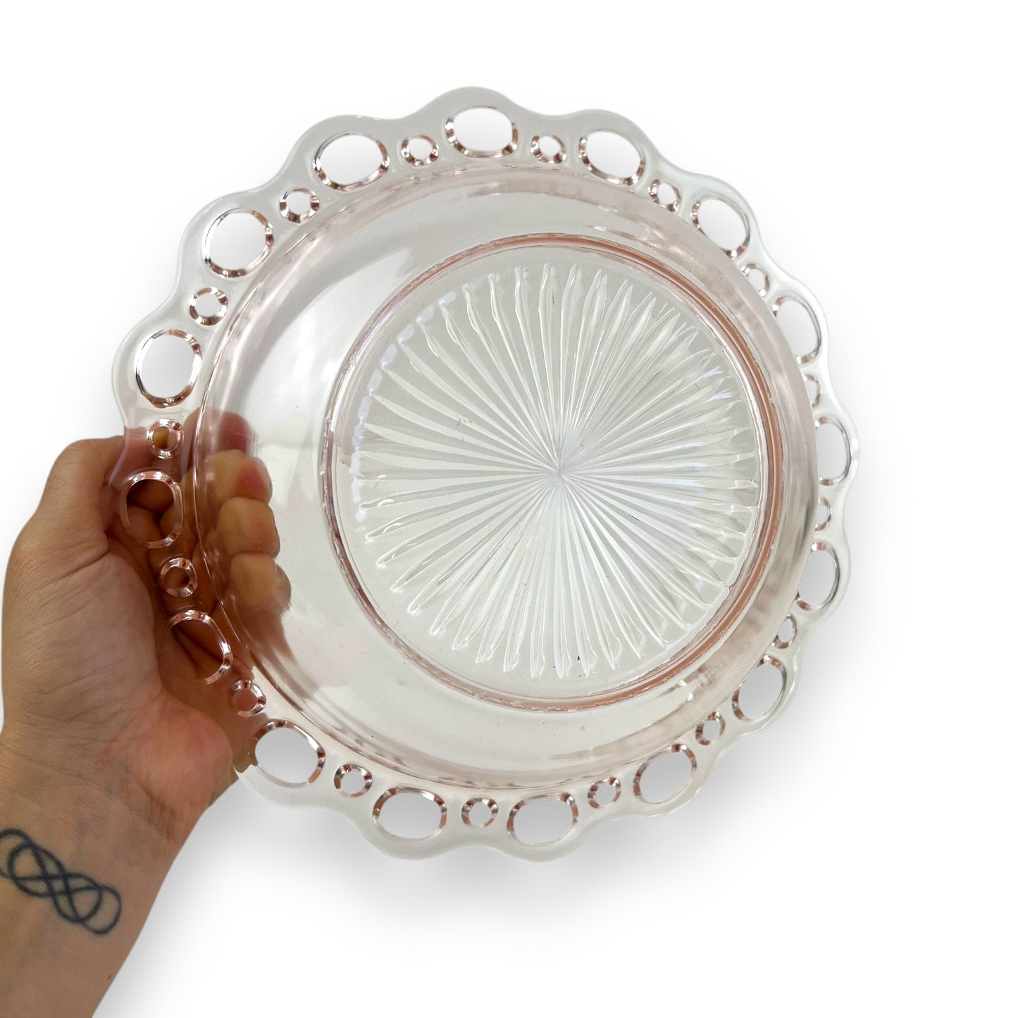 Pink Glass Bowl Lace Cutout Edge