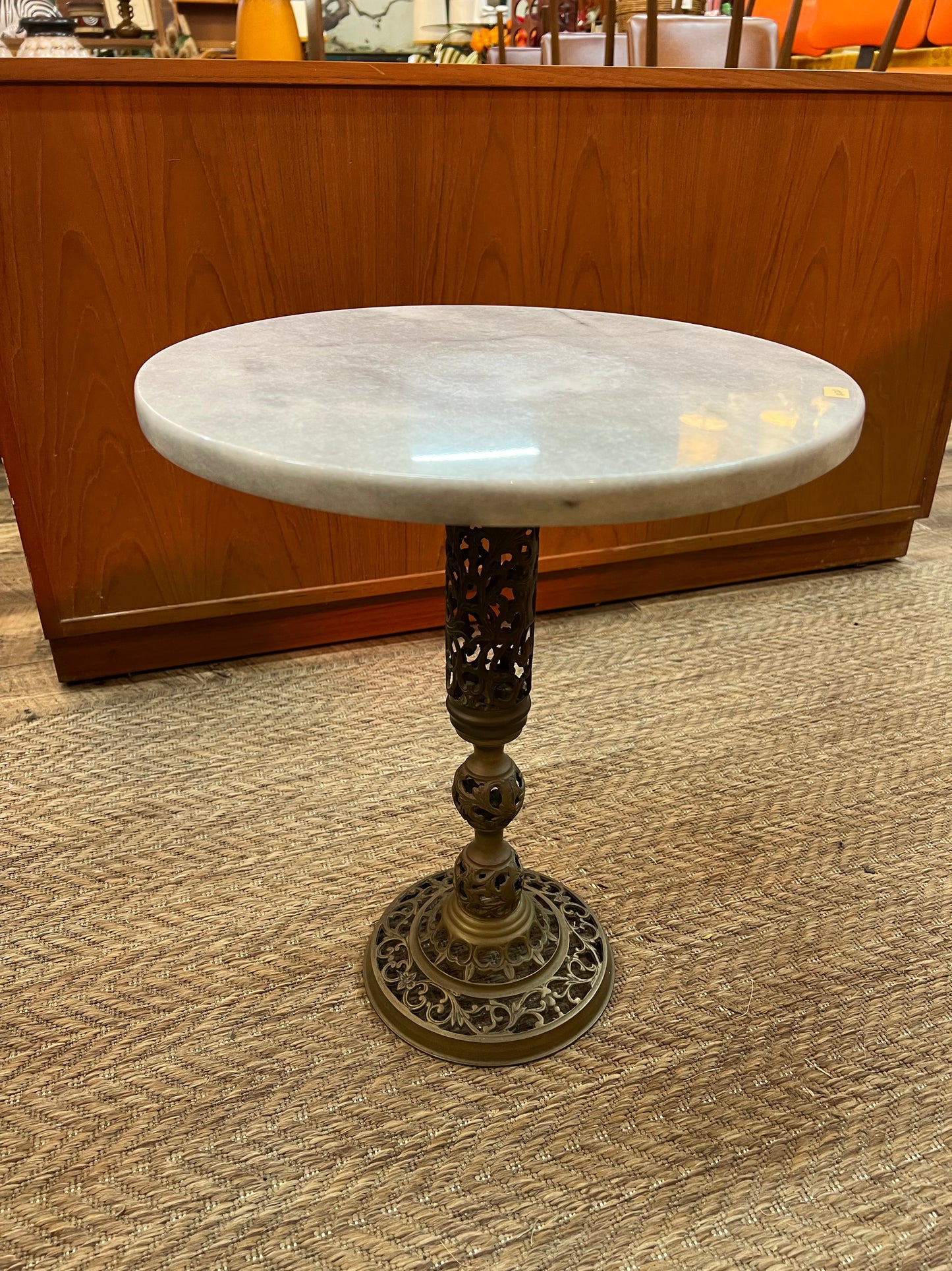 Marble Top Side Table with Ornate Metal Pedestal Base