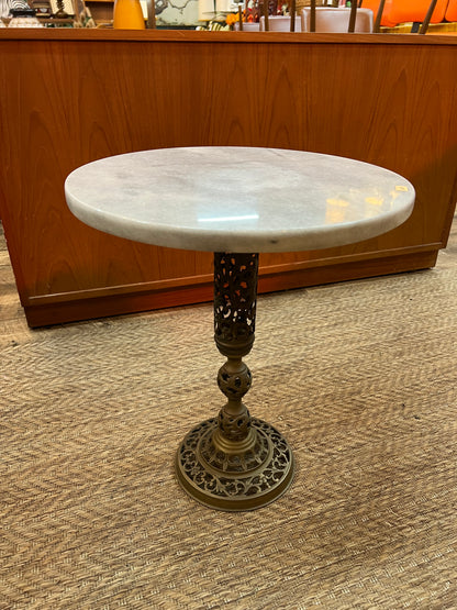 Marble Top Side Table with Ornate Metal Pedestal Base
