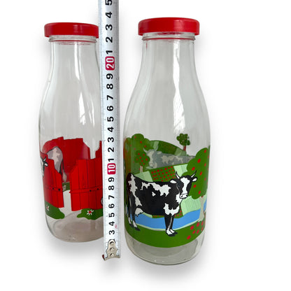Set of 2 Vintage French Glass Milk Bottles with Cow Design