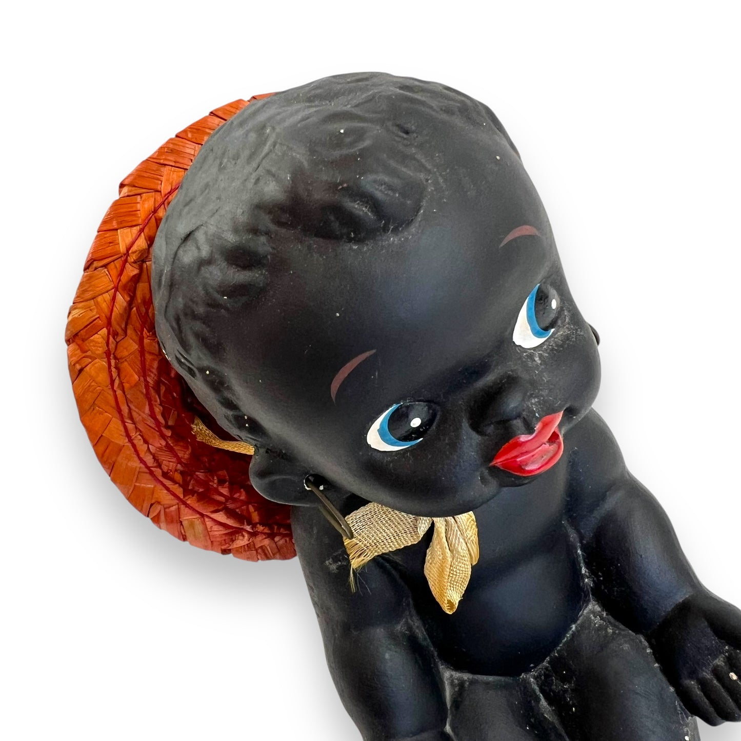Black Ceramic Kewpie Doll with Straw Hat & Earrings - Made in Japan
