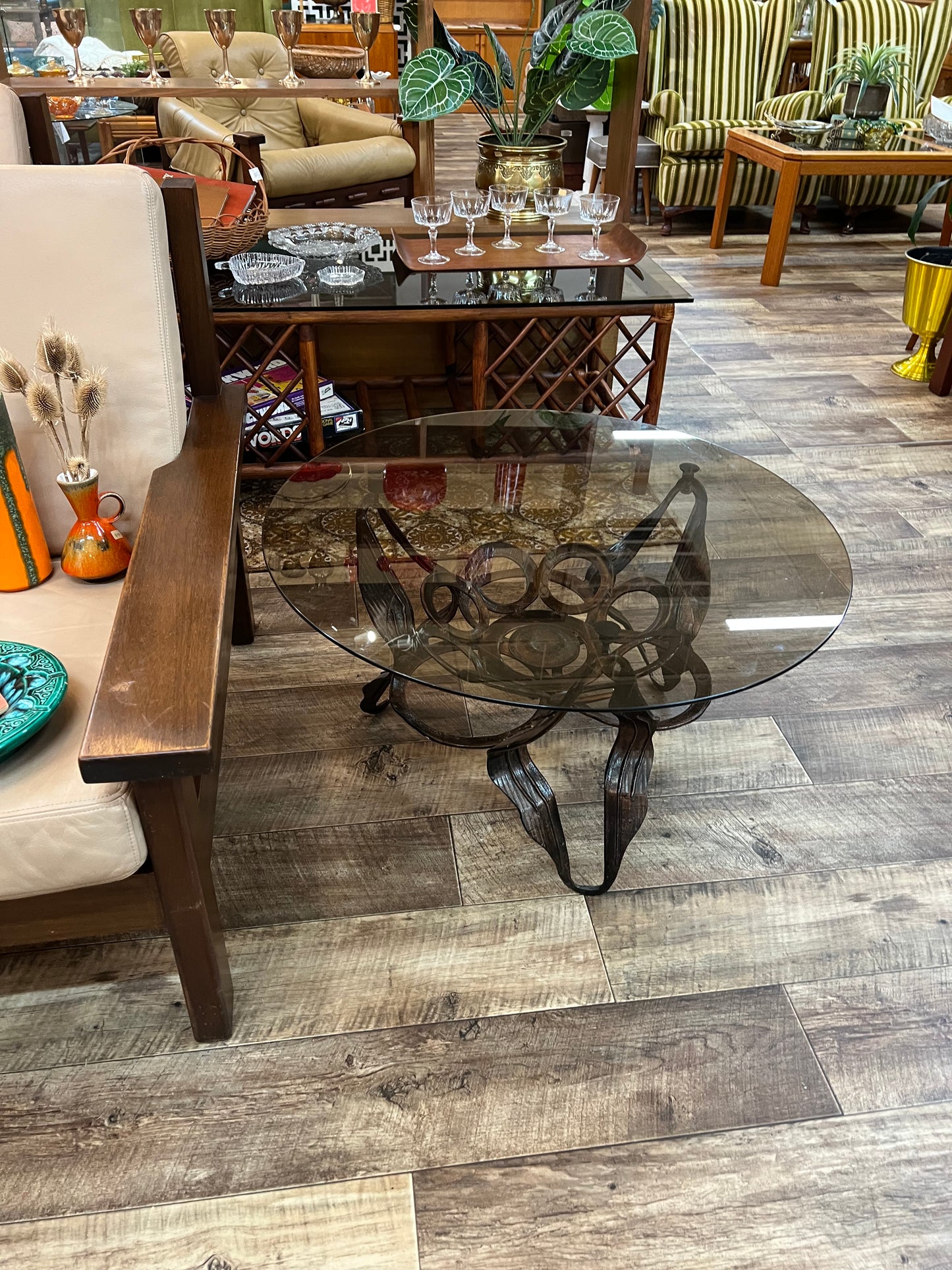 Mid Century Australian Brutalist Round Coffee Table with Smoked Glass Top