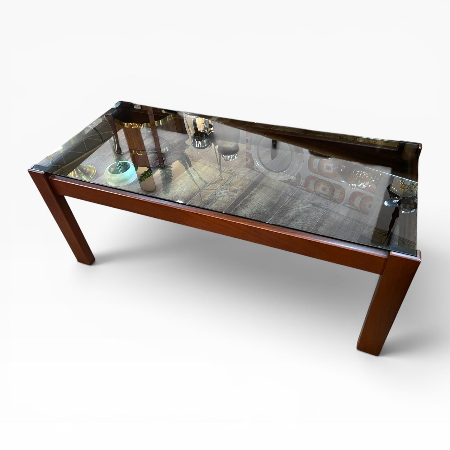 Mid-Century Modern Rectangle Smoked Glass Coffee Table with Rich Walnut-Toned Timber Frame