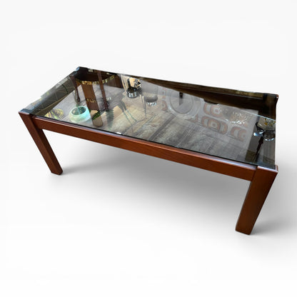 Mid-Century Modern Rectangle Smoked Glass Coffee Table with Rich Walnut-Toned Timber Frame