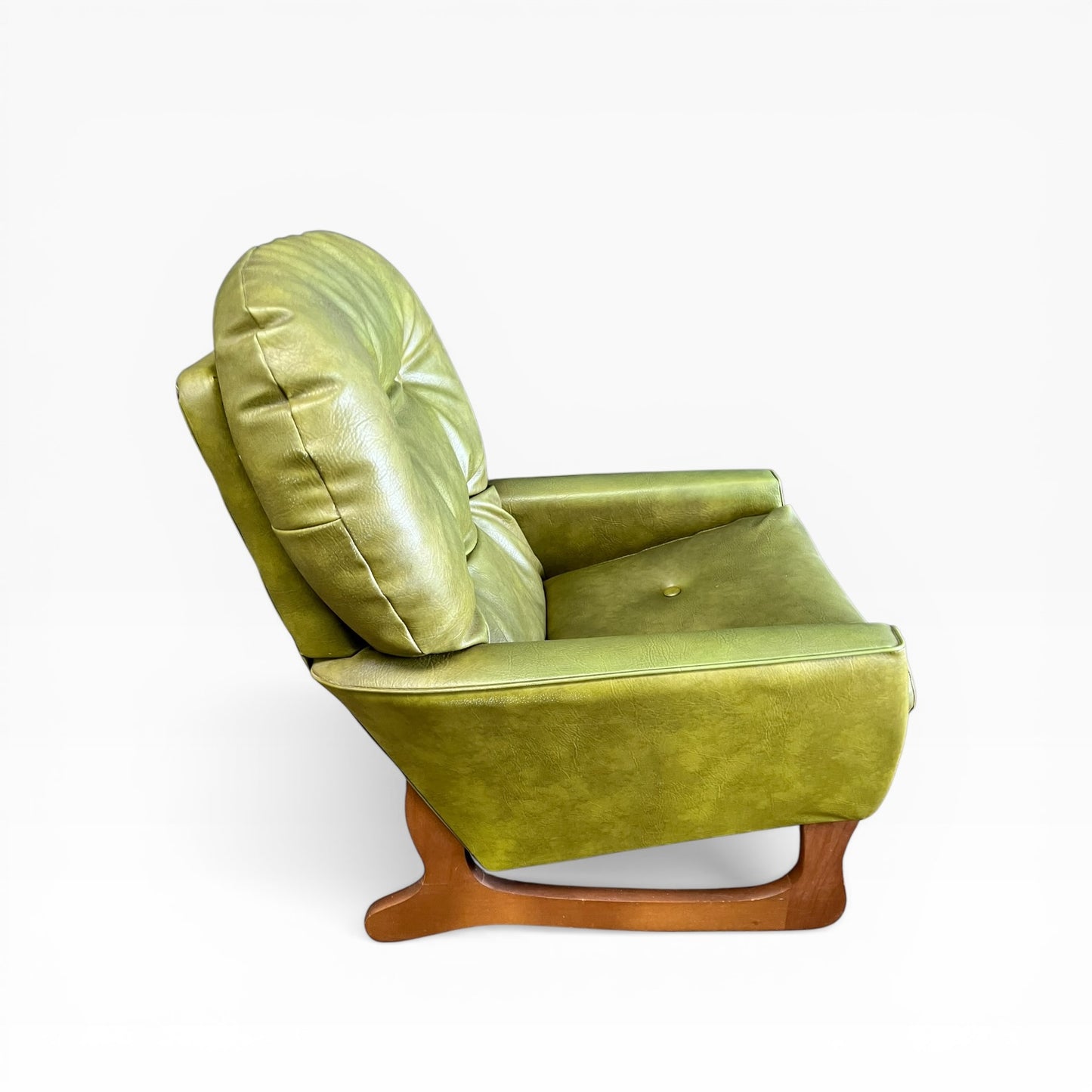 Olive Green Vinyl Lounge Armchair with Timber Sleigh Base
