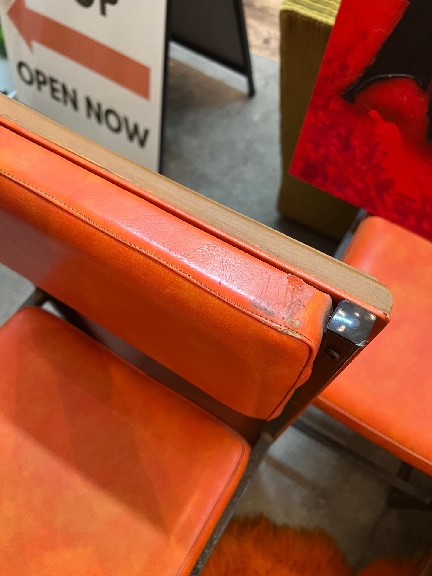 Pair of Vintage Orange Vinyl Bar Stools with Decorative Timber Backs