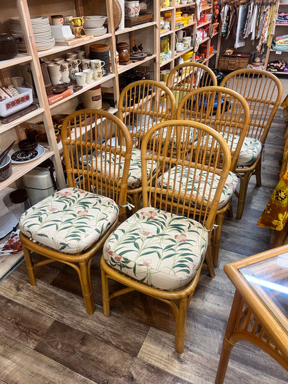Set of 6 Vintage Bamboo & Rattan Dining Chairs with Floral Cushions