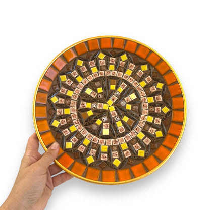 Mosaic Stone Plate | Geometric Tile Design in Orange, Brown & Yellow