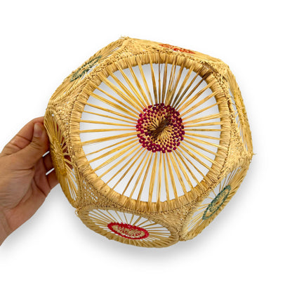 Circle pattern woven basket bowl with colourful circles