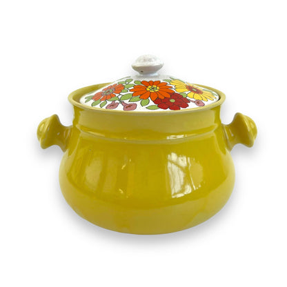 Colourful flower yellow fondue pot with lid
