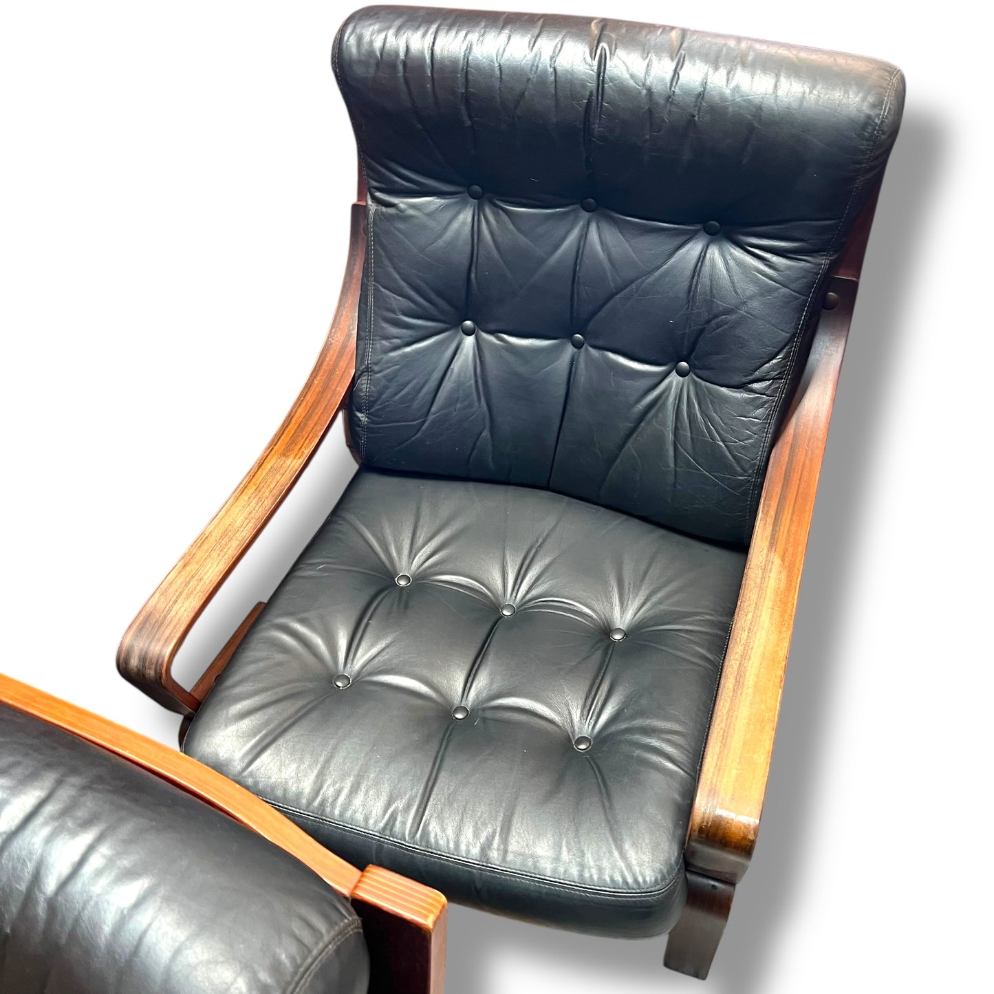 Pair of Tessa T6 Mid-Century Black Leather & Blackwood Lounge Chairs
