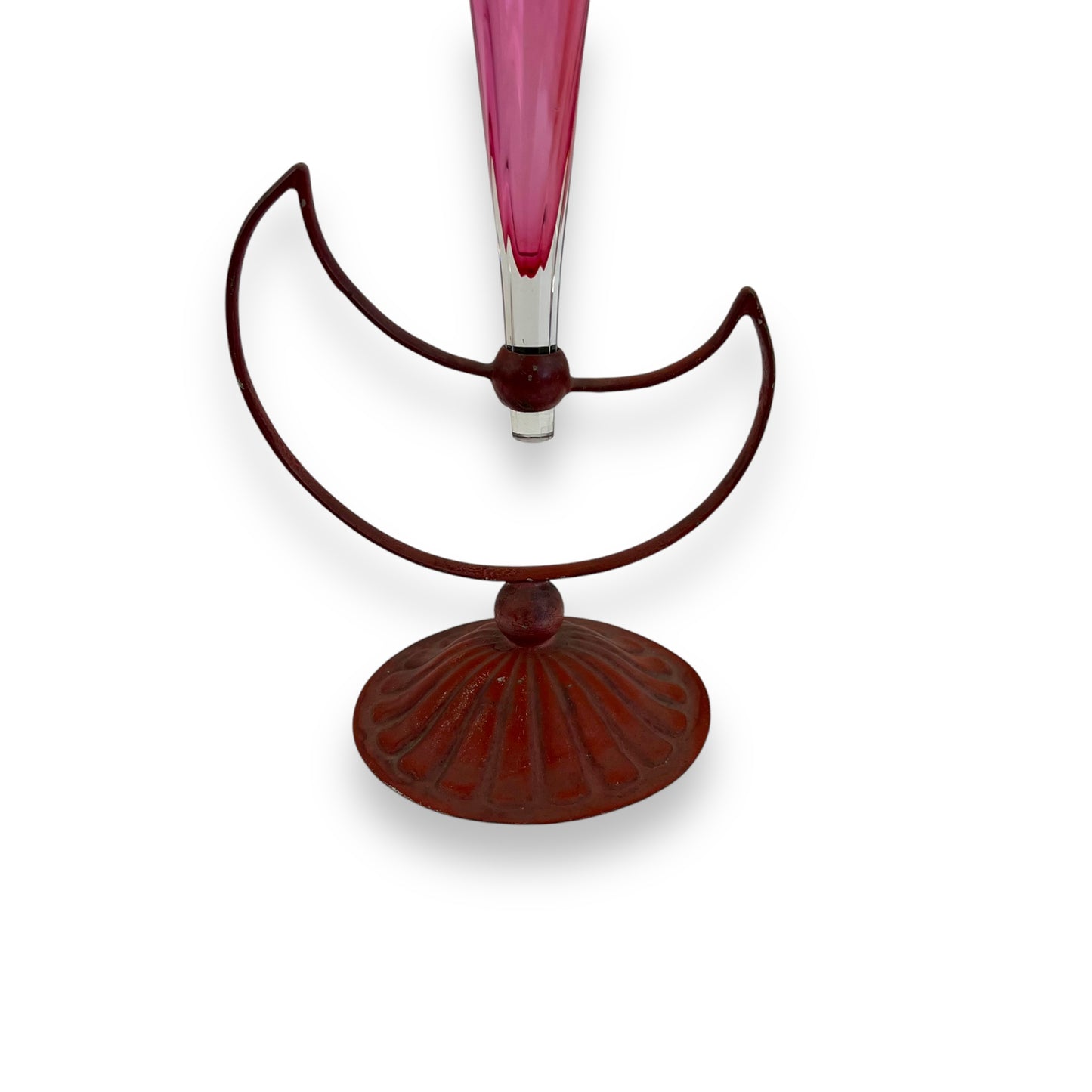 Victorian Cranberry Glass Jack-in-the-Pulpit Vase with Metal Moon Stand (1850-1899)