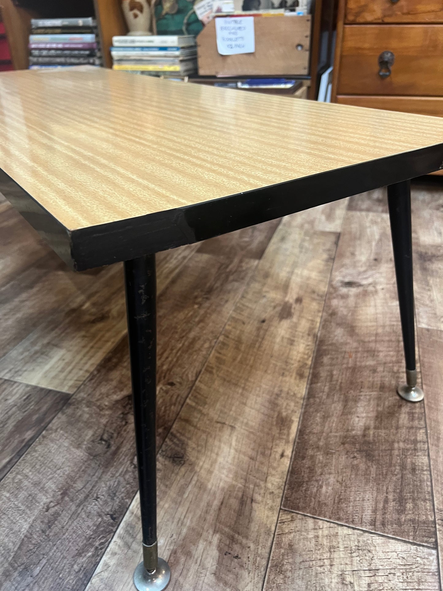 Mid Century Modern Blonde Veneer Coffee Table with Black Metal Legs